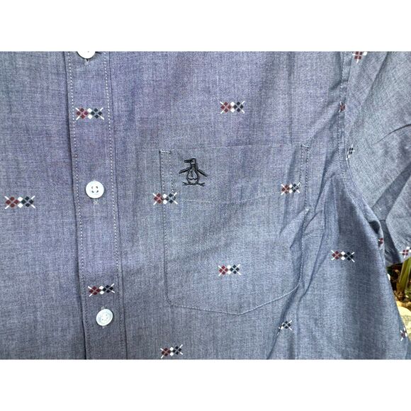 NWOT Penguin Heritage Slim Fit Slate Blu Argyle Print SS Button Down Shirt SZ L - Picture 3 of 5